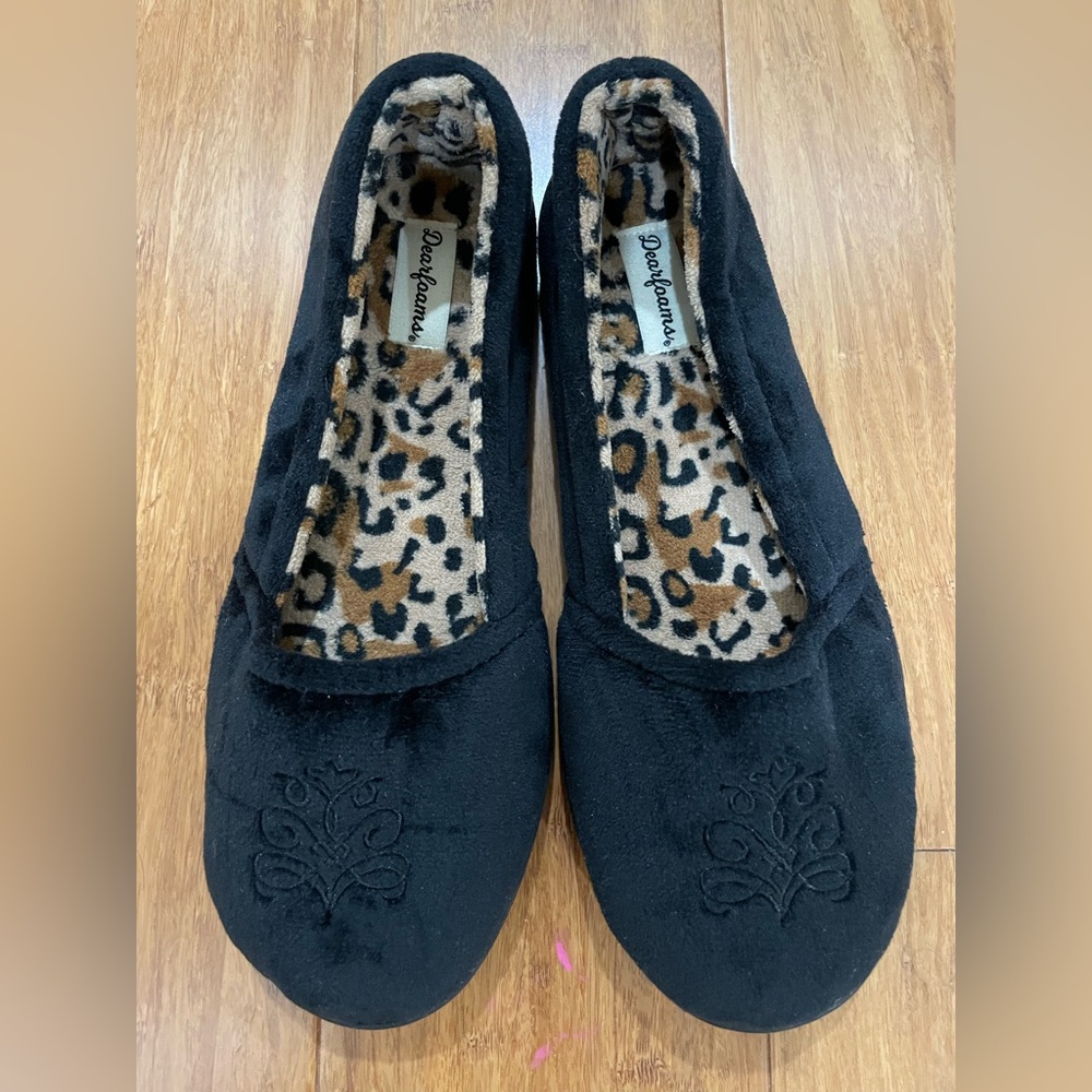 Dearfoams Black Velour Closed Back Slippers with Leopard Print Lining Size 9